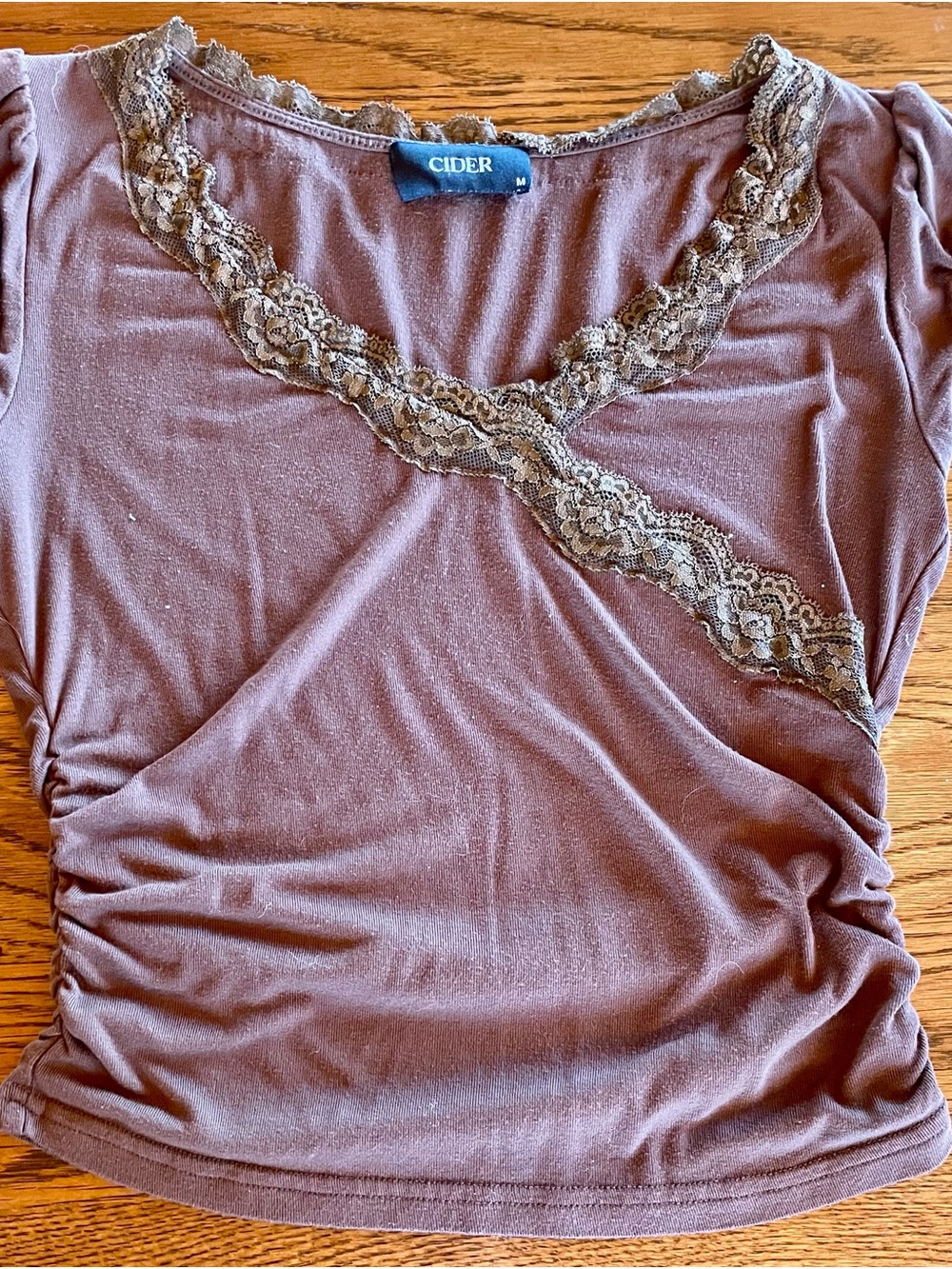 Cider Mauve Short Sleeve Lace-Trim Scoop Neck Top